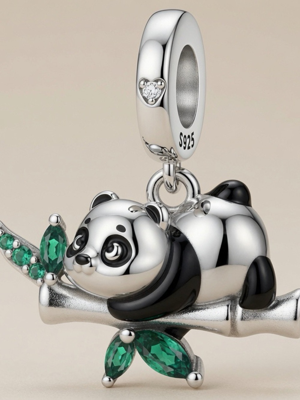 Sterling Silver Panda Charm with Green Crystal Leaves